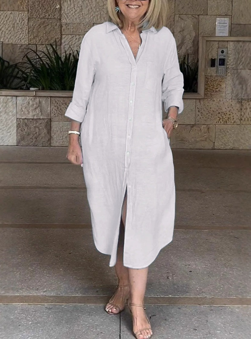 Women's Pocket Casual Polo Collar Single-breasted Cotton Dress