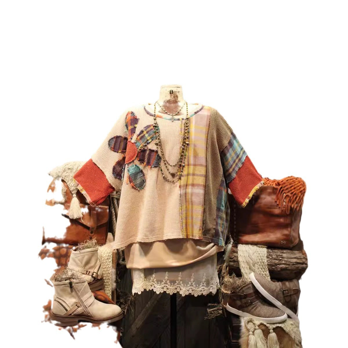 Block Printing Affixed Cloth Embroidered Round Sweaters