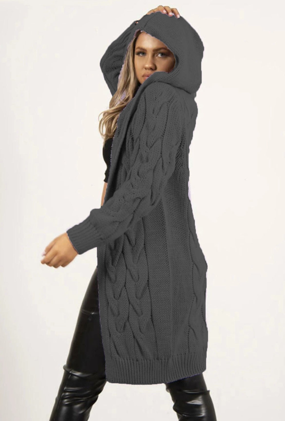 Women's Twist Braid Idle Style Hooded Mid-length Women's Sweater