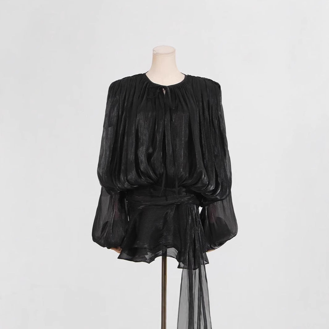 Women's Spring Idle Style Mesh Puff Sleeve Pleated Ruffled Dresses