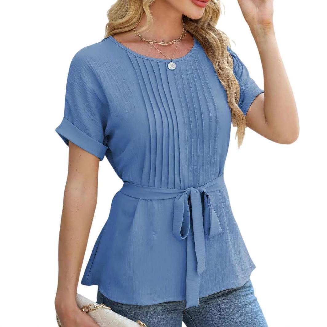 Women's Casual Shirt Ruffled Pleated Round Neck Blouses