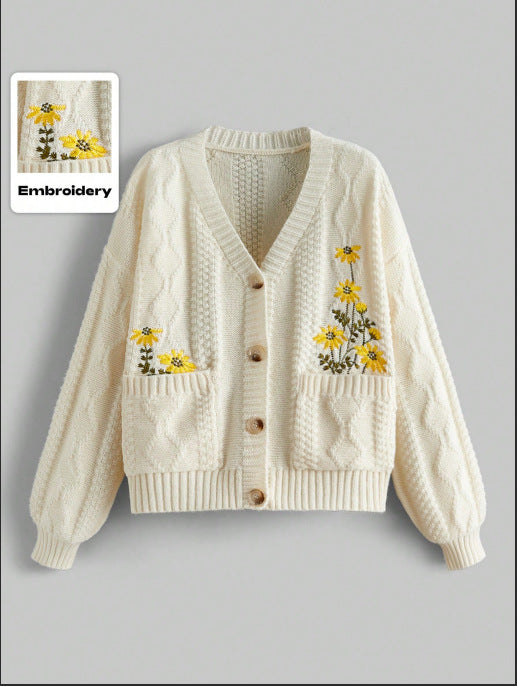 Women's Fashion Flower Embroidery Round Neck Long Sweater