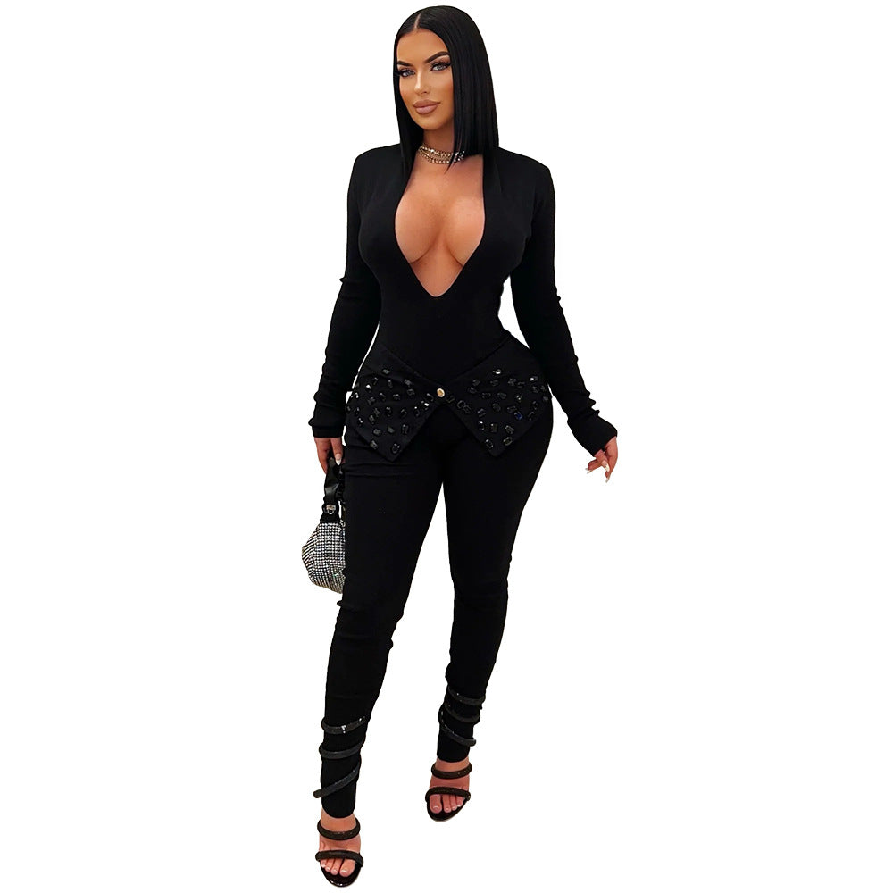 Women's Rhinestone Slim Fit Pencil Solid Color Jumpsuits