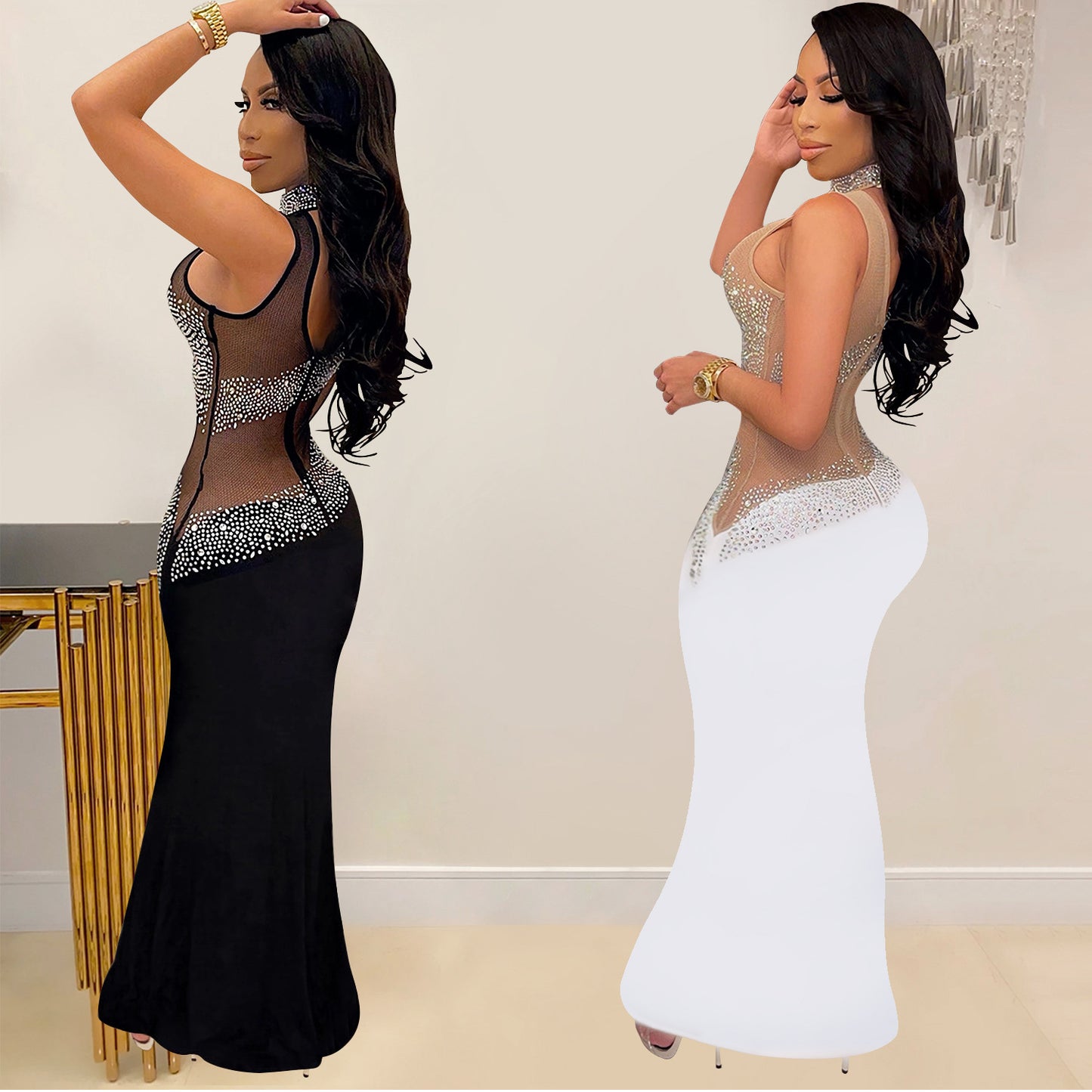 Women's Fashion Wear Rhinestone Mesh Sleeveless Dress Dresses