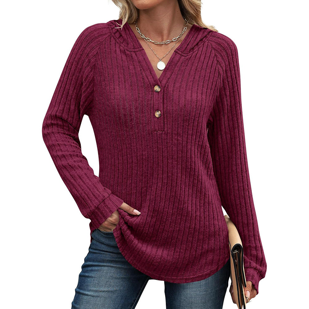 Solid Color Button Loose Hooded Fleece Women's Sweater