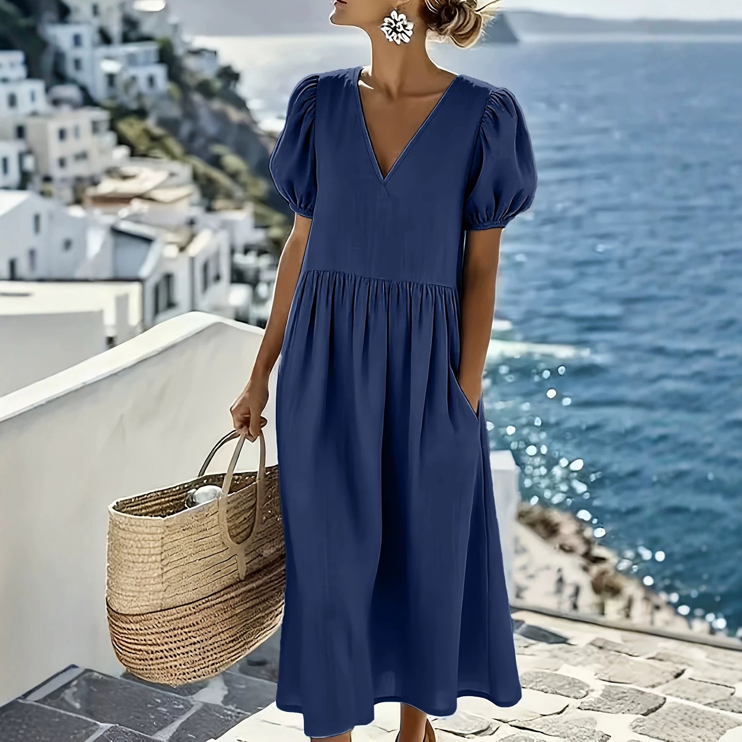 Summer Cotton Linen Casual Sleeve Pocket Pleated Loose Dress