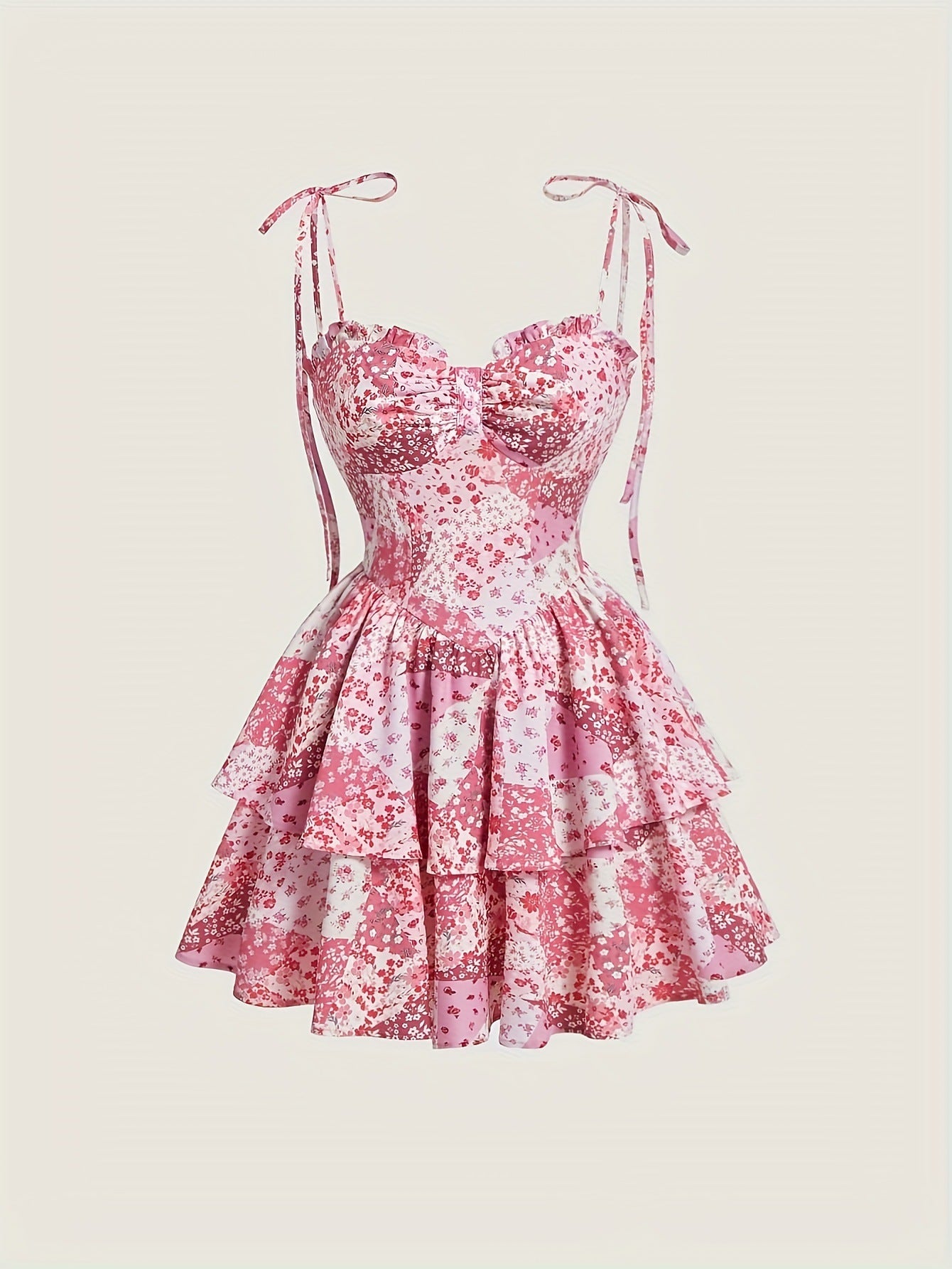Women's Floral Suspender Layered Dress Vintage Pink Dresses