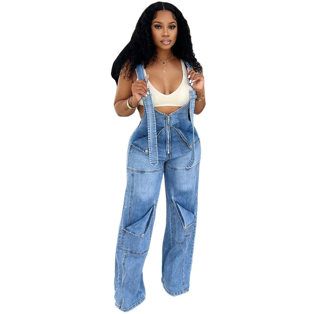 Women's Denim Overalls Summer Street Casual Zipper Washed Jumpsuits
