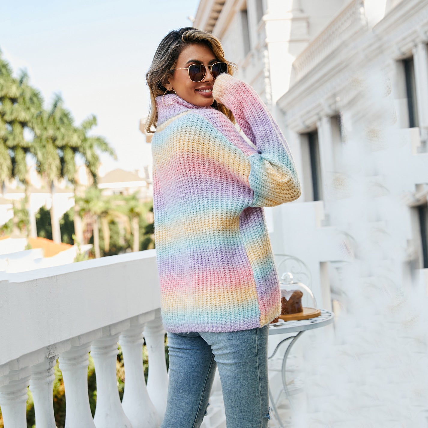 Women's Spring Clothes Rainbow Pullover High Collar Sweaters