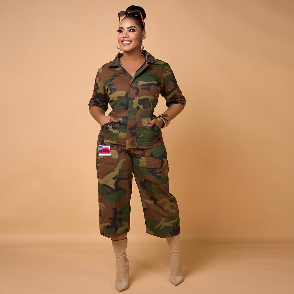 Slouchy Fashion Camouflage Printed Pocket Lapels Jumpsuits