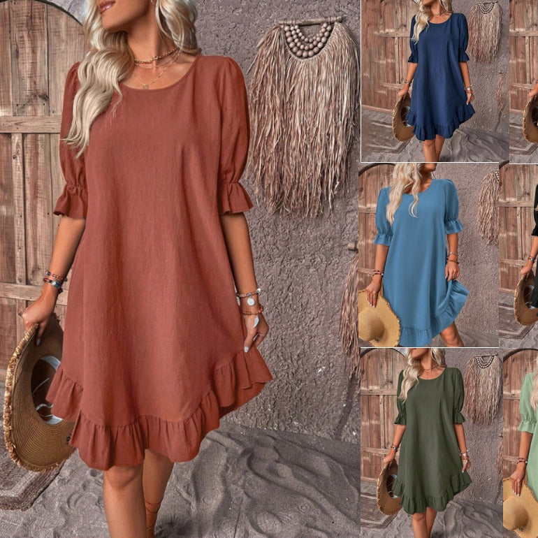 Women's Cotton Linen Half Sleeve Round Neck Solid Color Loose Big Dress