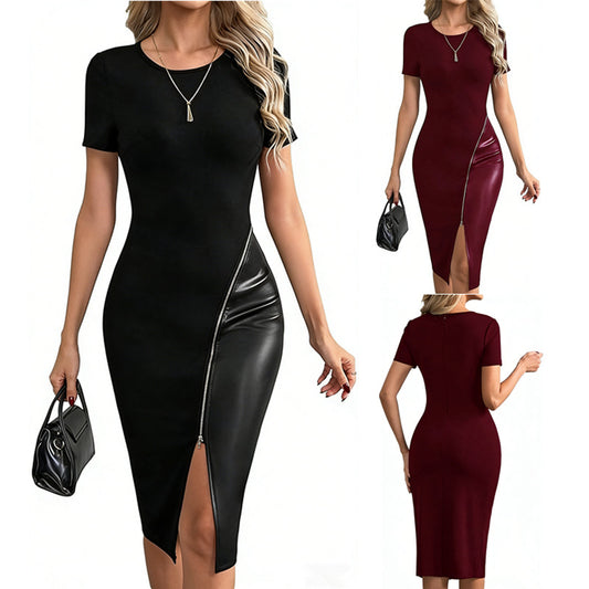 Women's Elegant Leather Zipped Round Neck Short-sleeved Dress