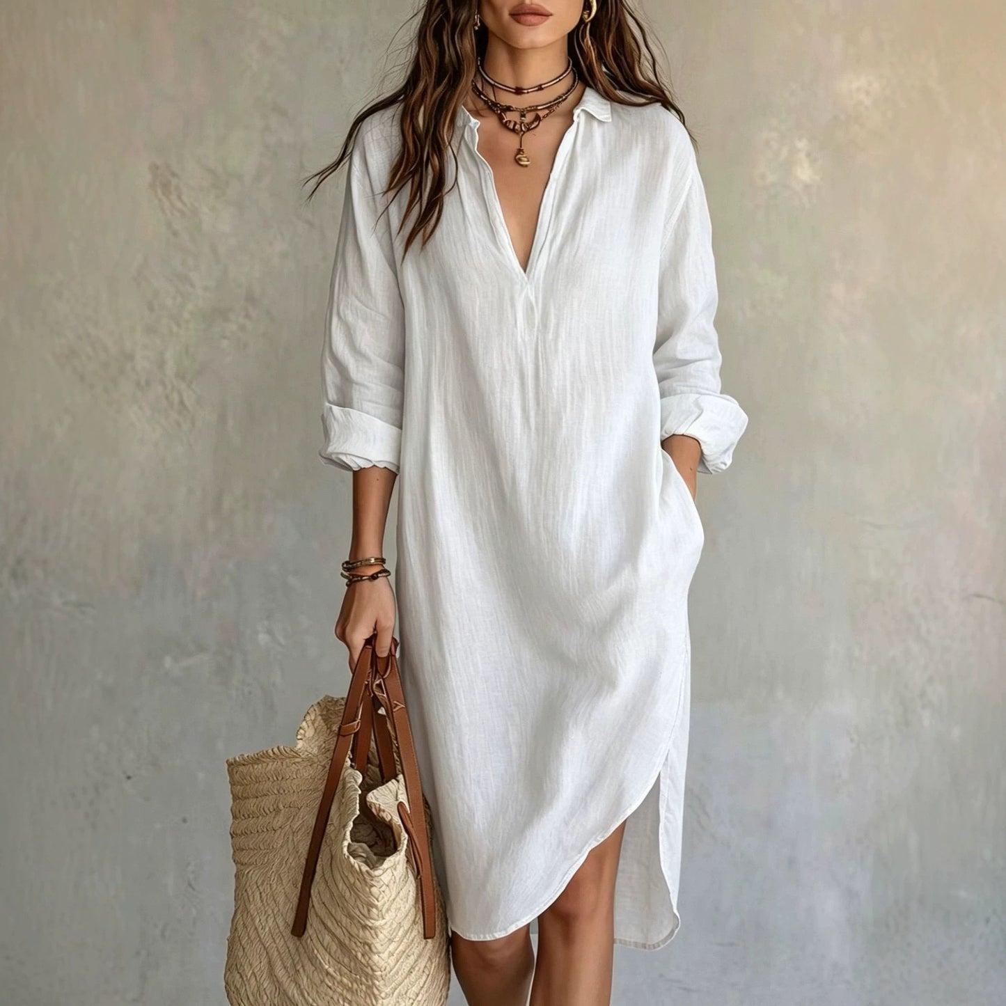 Fashion Shirt Loose Mid-length Slit Idle Style Seaside Dress