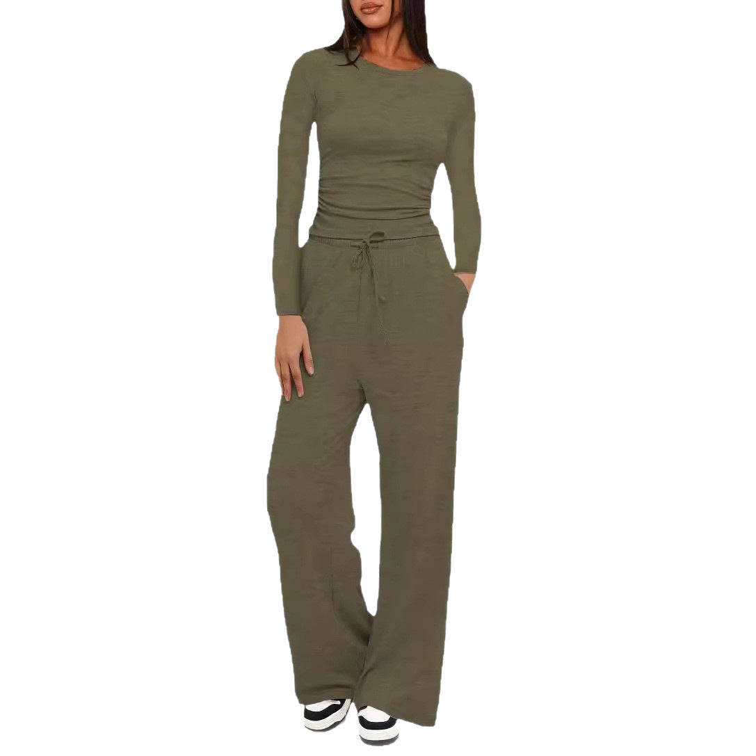 Solid Color Long Sleeves Outfit High Waist Wide Leg Tops
