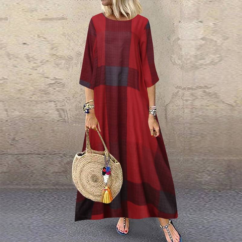 Women's Summer Retro Dress Casual Sleeve Plaid Dresses