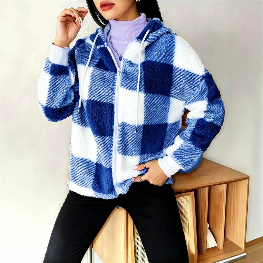 Women's Fleece Sweatshirt Loose Casual Hooded Plaid Women's Sweater, Sweater