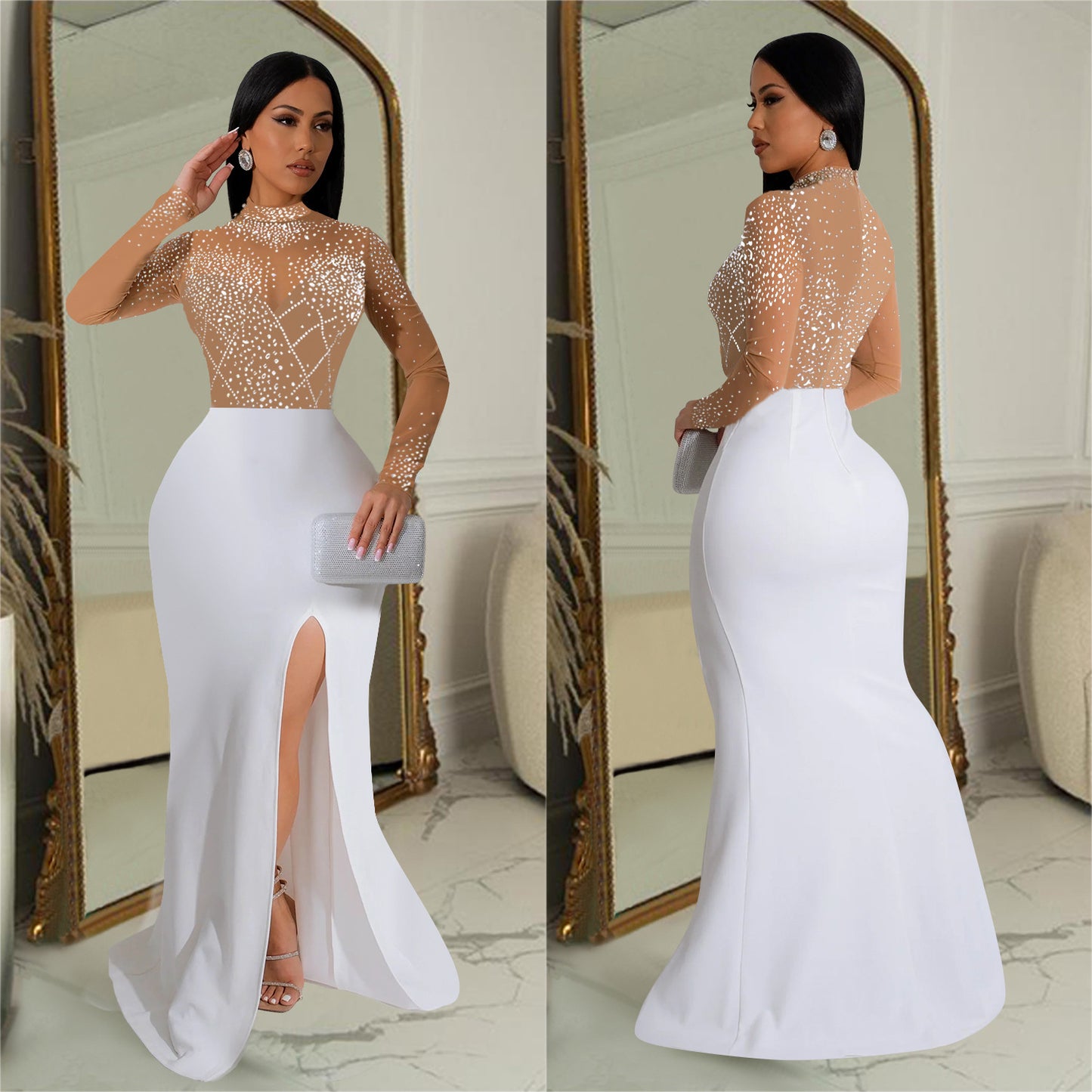 Women's Fashion Wear Rhinestone Split Long Dress Dresses