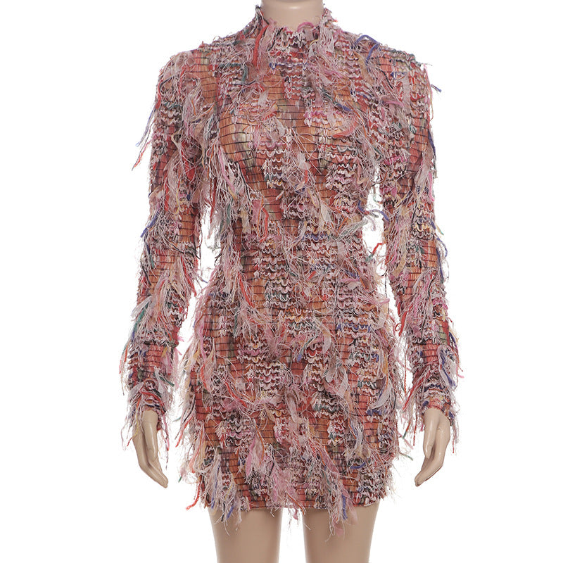 Women's Fresh Sweet Colorful Tassels Long Sleeve Dresses