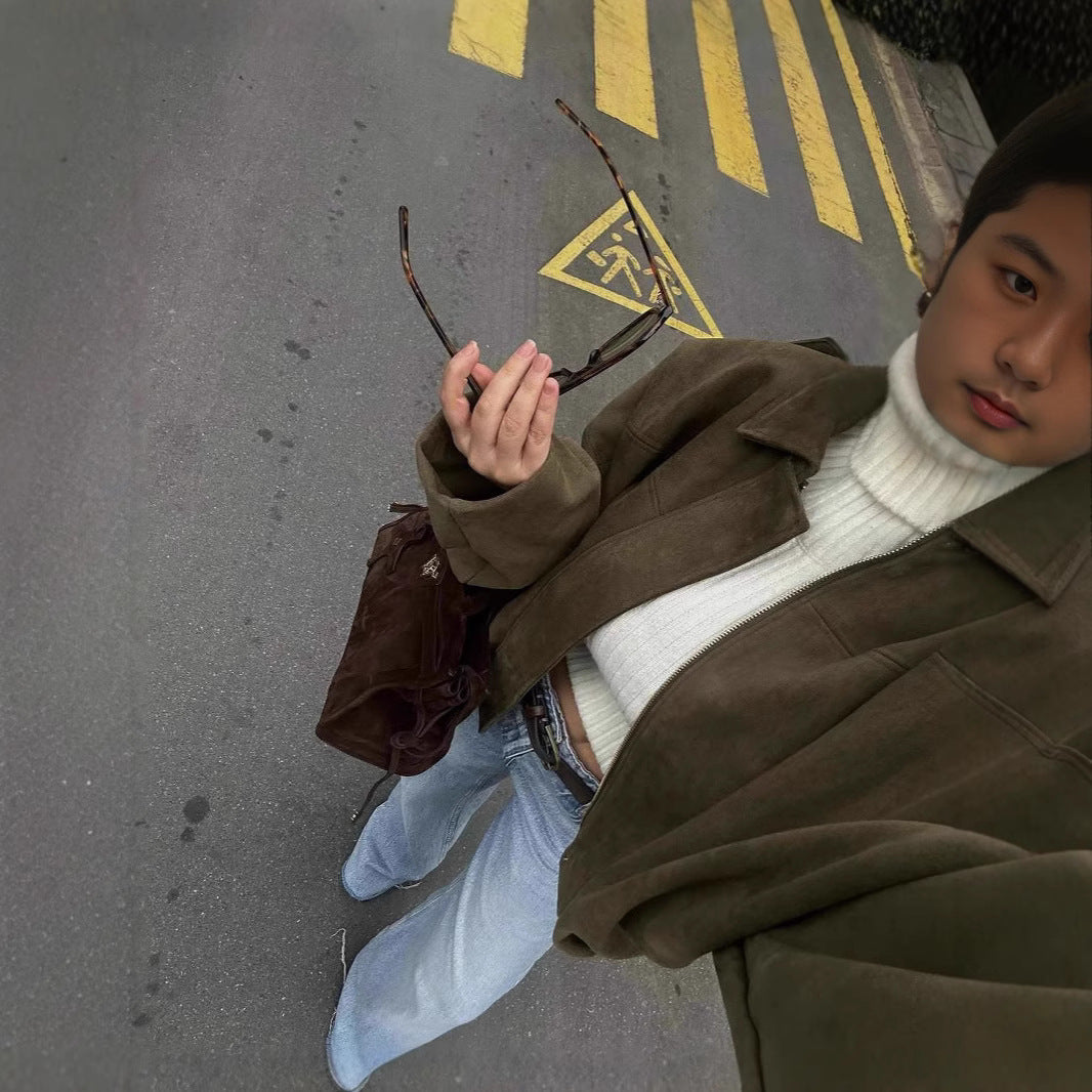 Women's French Style Vintage Zipper Lapel Elastic Coats