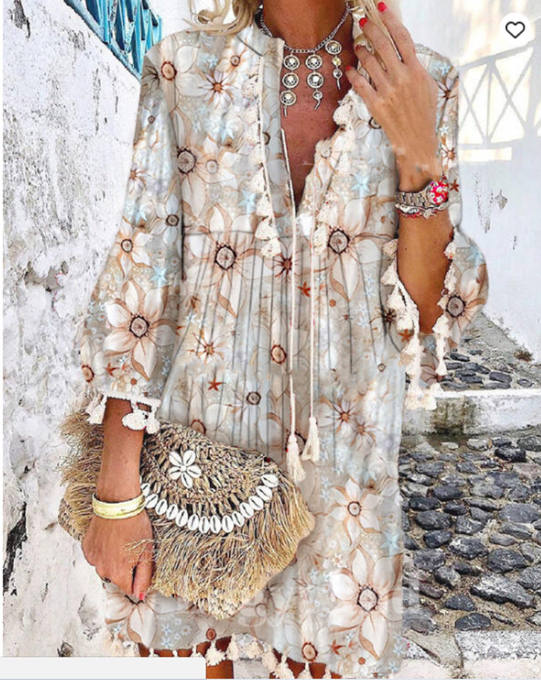 Printed Pink Turtleneck Temperament Commute Tassel Dress