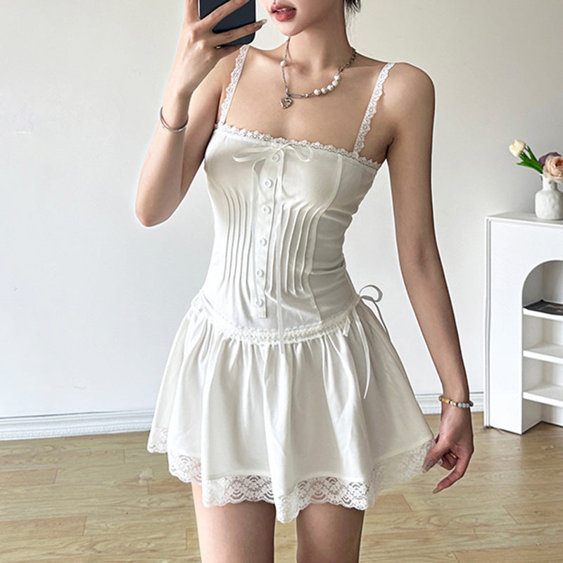 Sweet Lace Stitching Drawstring Slip Dress Dresses