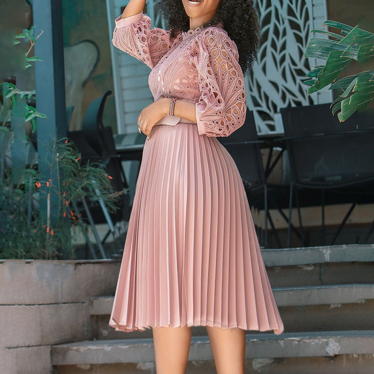 Women's Autumn Fashion Slimming Lace Stitching Africa Dresses