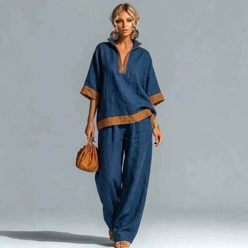 Women's Color Half Zipper Cotton Linen Half-sleeve Fashion Casual Suit