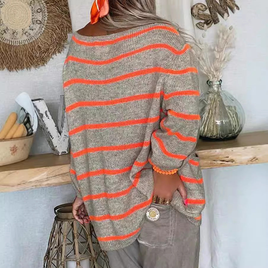 Women's Contrast Color Striped Pullover Round Neck Sweaters