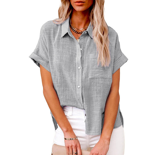 Women's Cotton Linen Pocket Button Sleeve Blouses