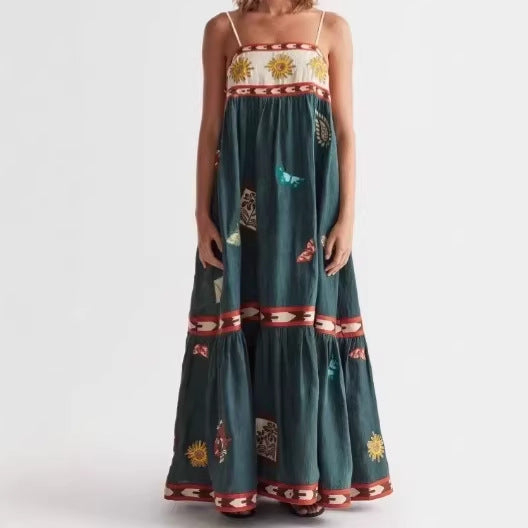 Women's Floral Positioning Burning High Waist Sling Large Swing Dress