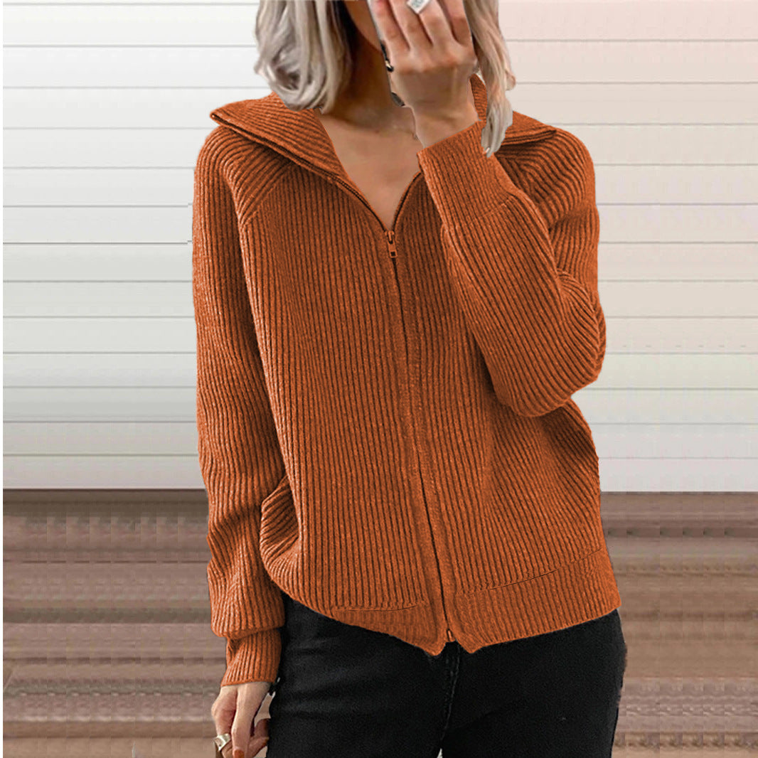 Women's Striped Casual Loose Zipper Long Sleeve Sweater