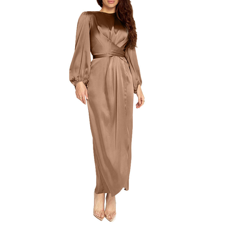 Fresh Sweet Satin Long Lantern Sleeve Lace Dress