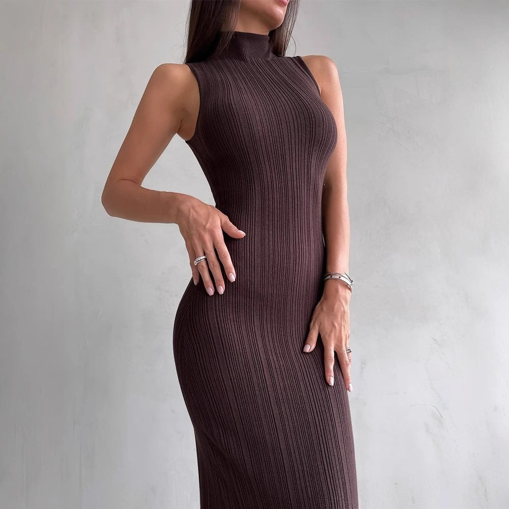 Women's Knitted Turtleneck Sleeveless Tight Midi Elegant Skirts