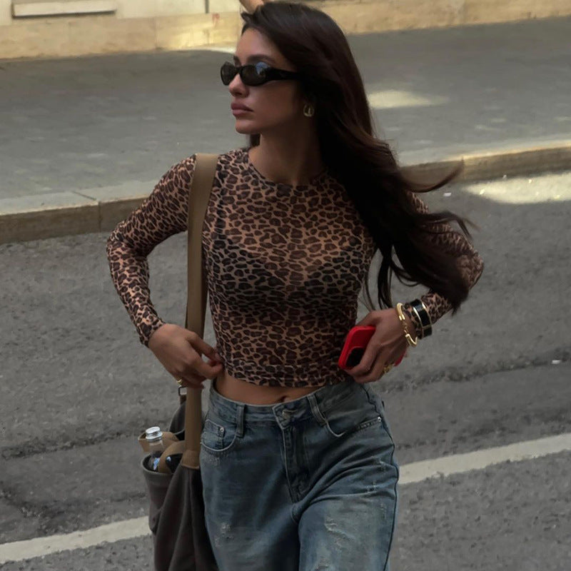 Women's Round Neck Long Sleeve Leopard Print Blouses