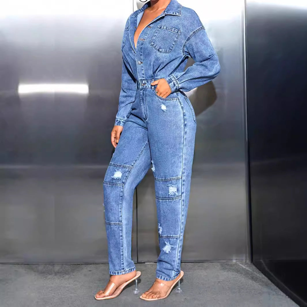Women's Casual Slim Fit Bodysuit Ripped Denim Jumpsuits