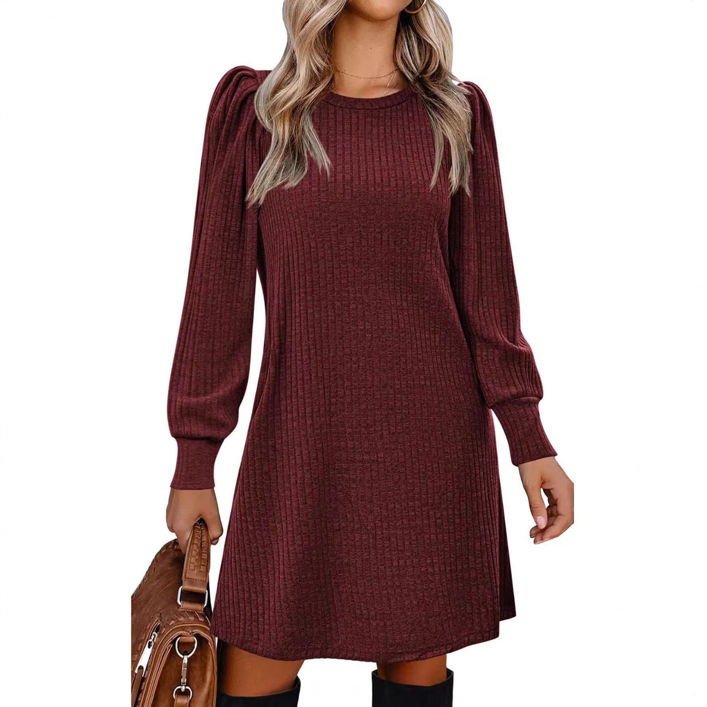 Women's Knitted Emerized Solid Color Round Neck Puff Dress