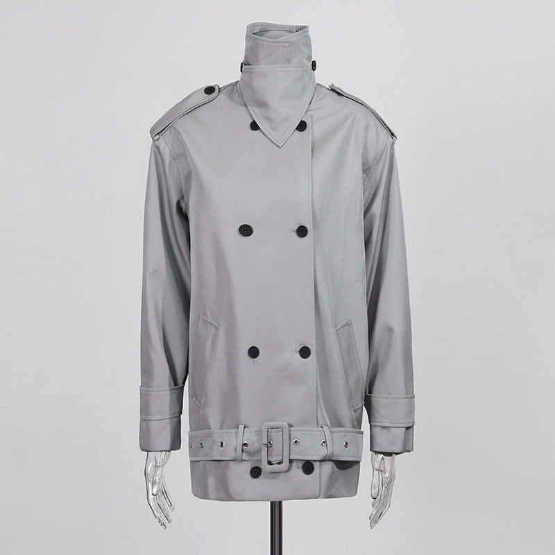Women's Solid Color Windbreaker Fashionable Double-breasted Stand Collar Coats