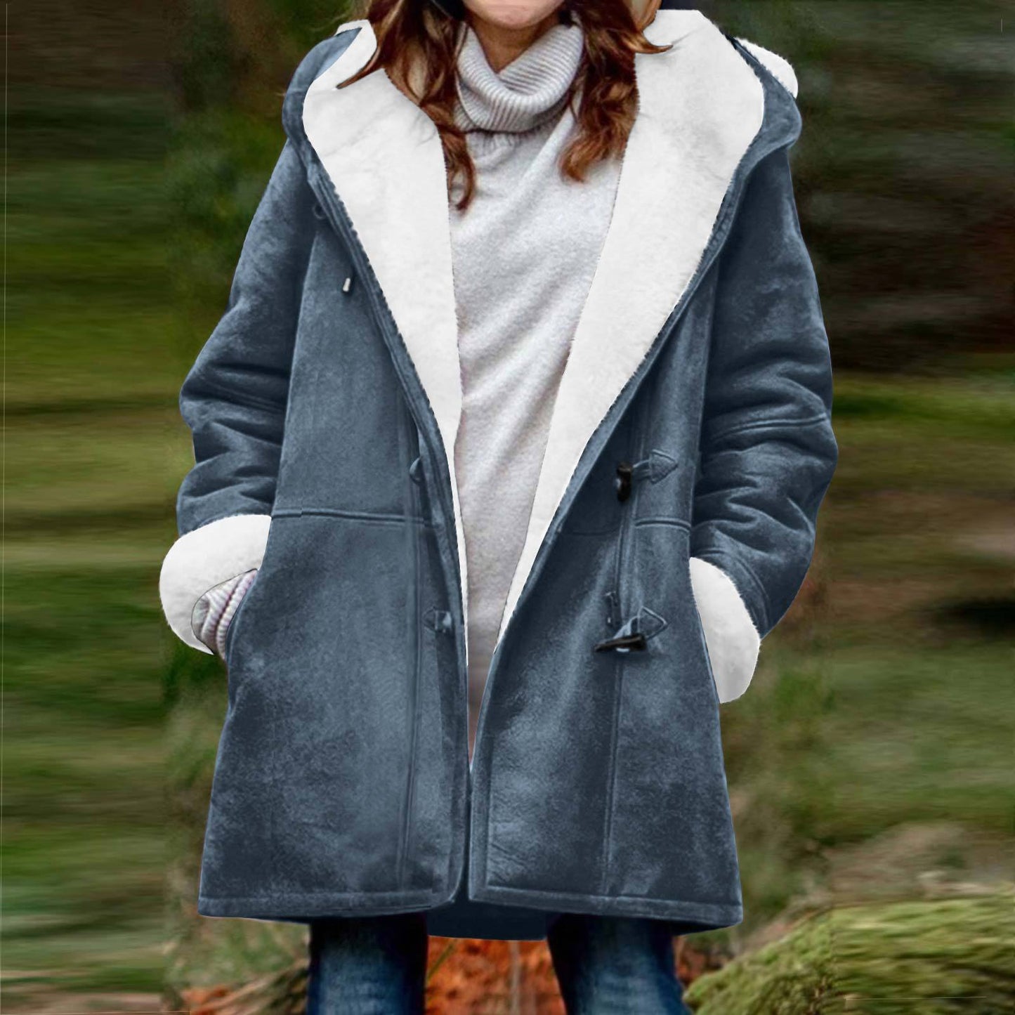 Women's Long Sleeve Horn Button Suede Fleece-lined Coats