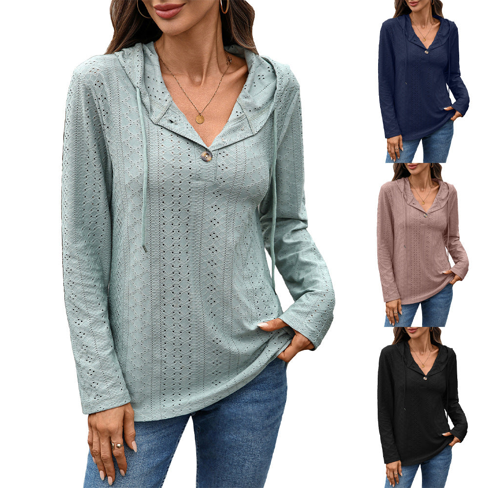 Women's Solid Color Buttons Hooded Loose Long Women's Sweater, Sweater
