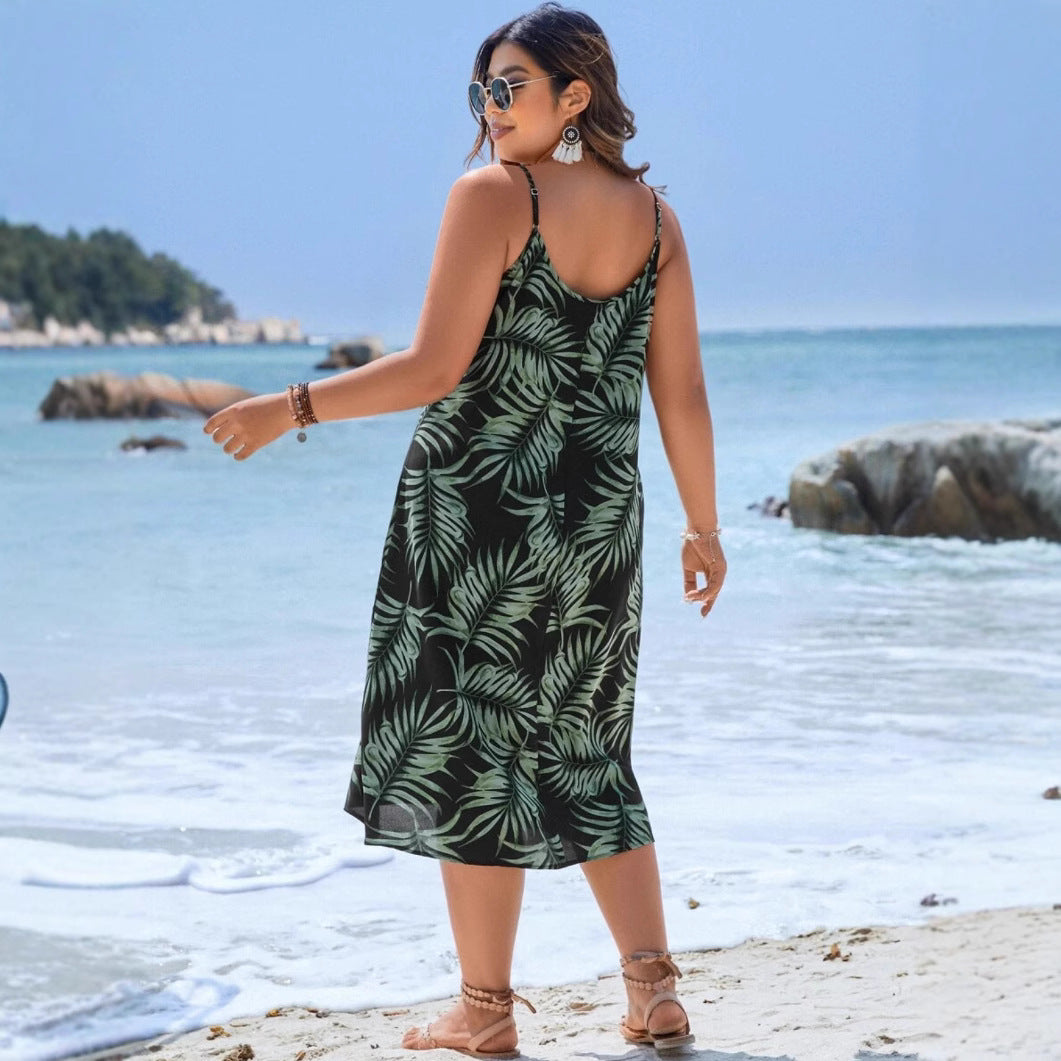 Summer Tropical Plant Printing Slip Leisure Vacation Dress