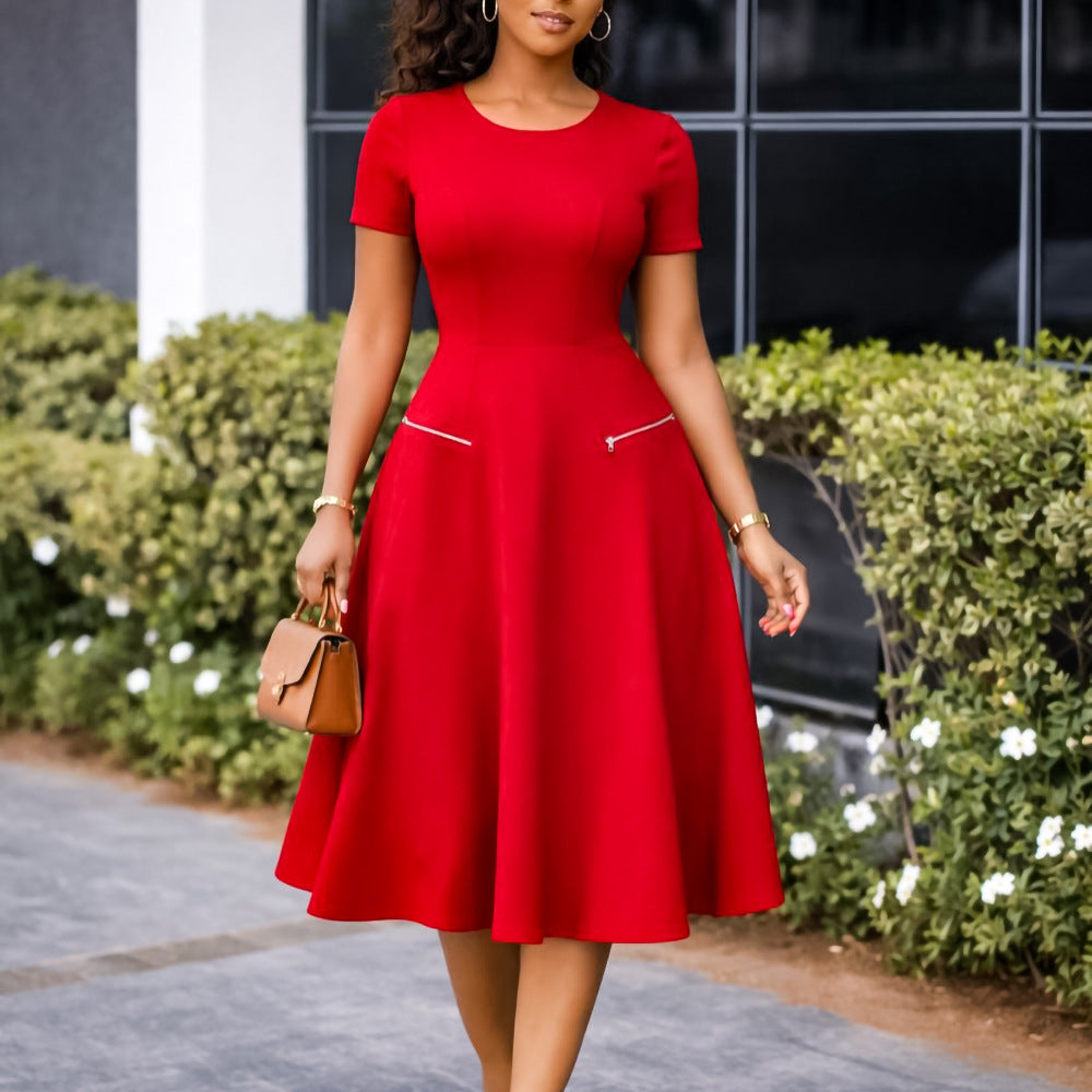 Women's Elegant Temperament Round Neck Waist Trimming Slimming Dress