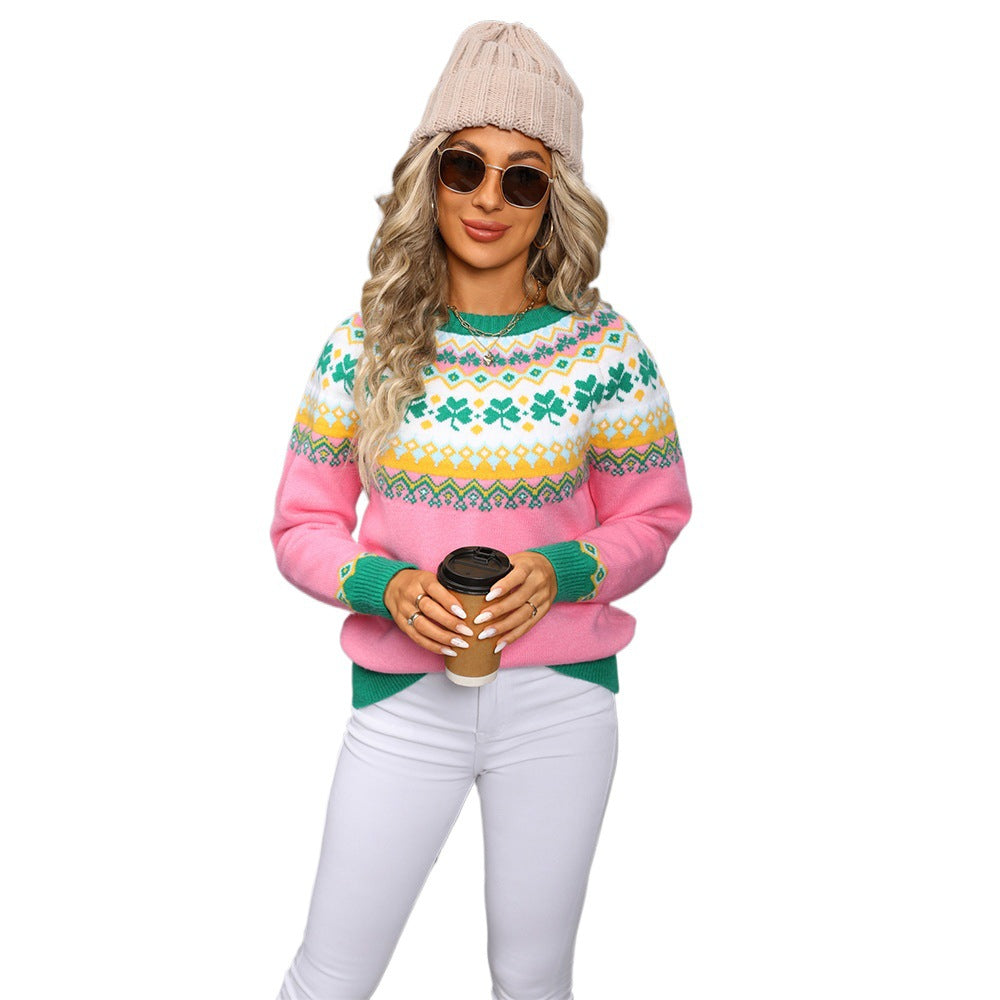 Women's Green Pullover Christmas Fashion Jacquard Personalized Sweaters