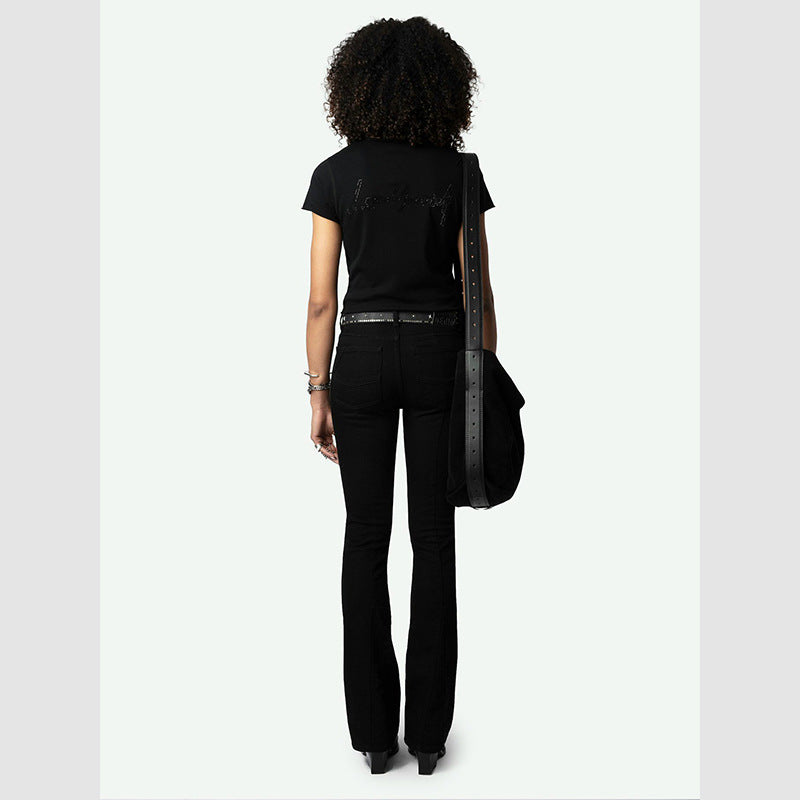 Women's French Niche Letters Flocked Printed Black Blouses