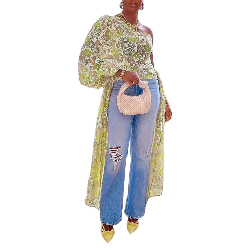 Women's Sexy Digital Printing Sleeve Bell Blouses