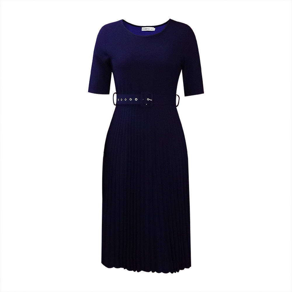 Women's Summer Sleeve Round Neck Waist Trimming Solid Dress