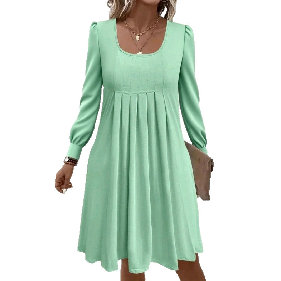 Popular Long Sleeve Fashionable Pleated Mid-length Dress