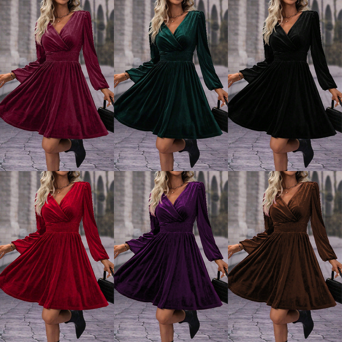 Versatile Veet Solid Color Long Sleeve Dress