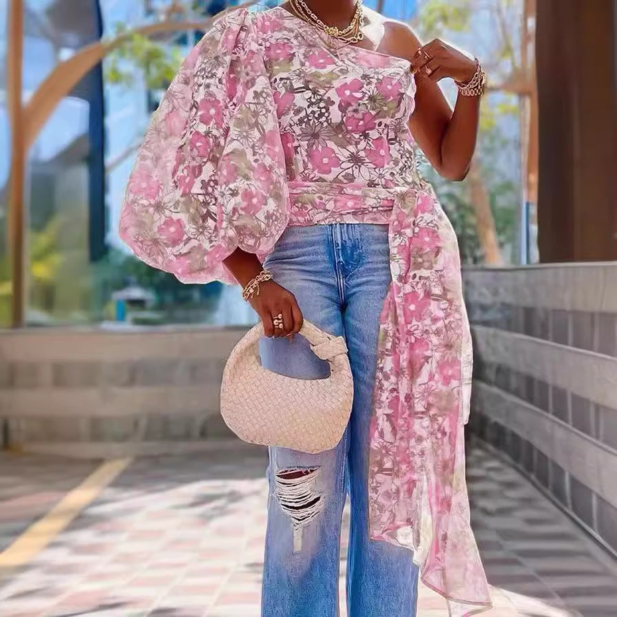 Women's Sexy Digital Printing Sleeve Bell Blouses