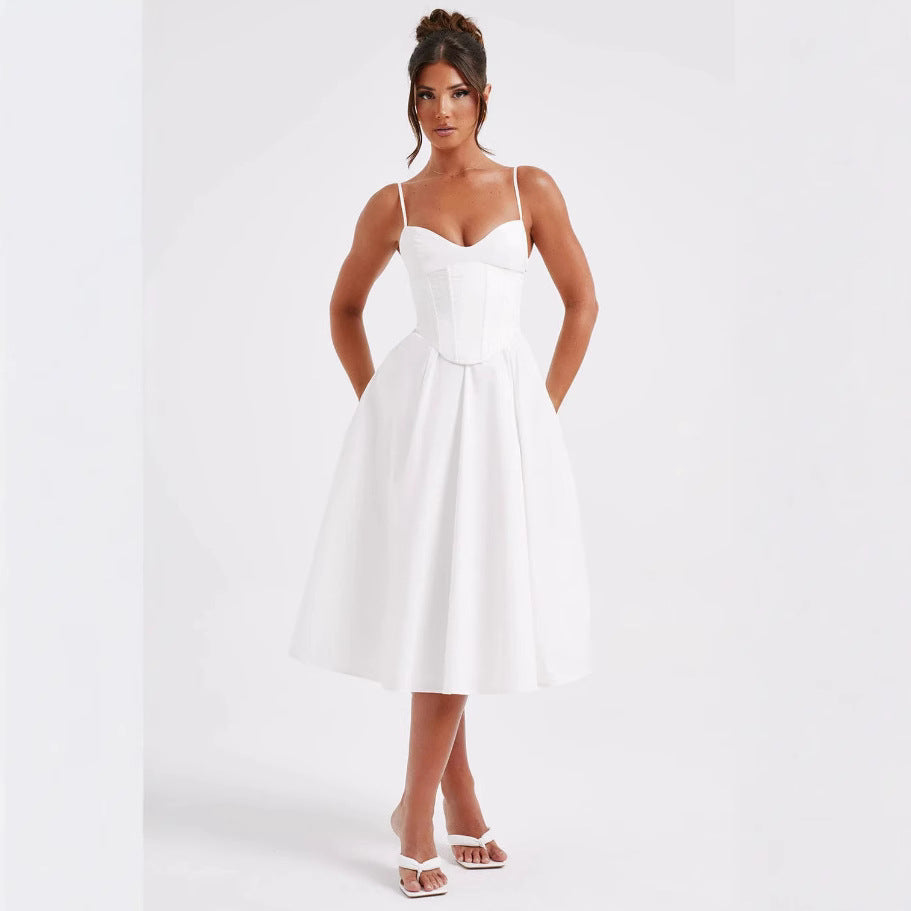 French Retro Solid Color Sleeveless Fishbone Dress Winter Fresh Dresses