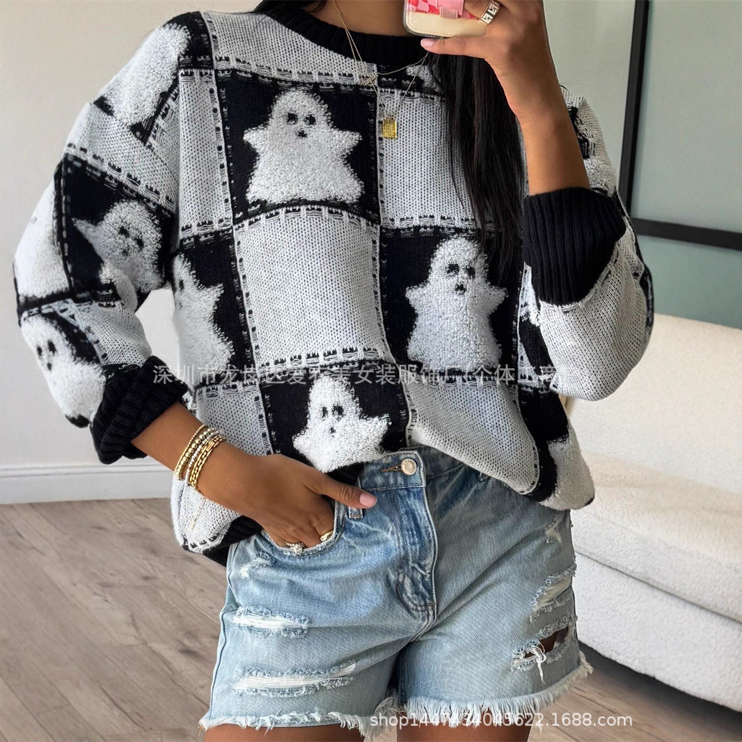Women's Mixed Color Round Neck Long Sleeve Sweaters
